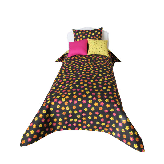 Yellow Orange Pink Flowers on Black Print Doll Bedding for 14 1/2-inch dolls
