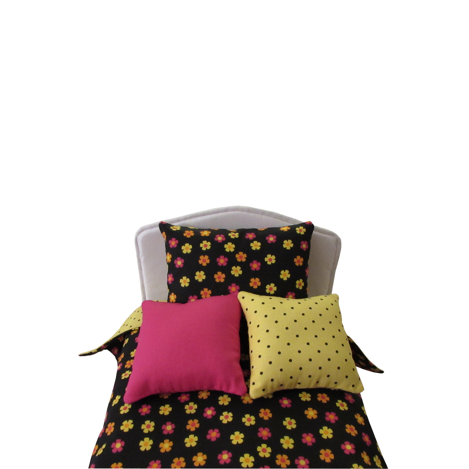 Yellow Orange Pink Flowers on Black Doll Bedding for 14 1/2 inch dolls Front view Ujp Close