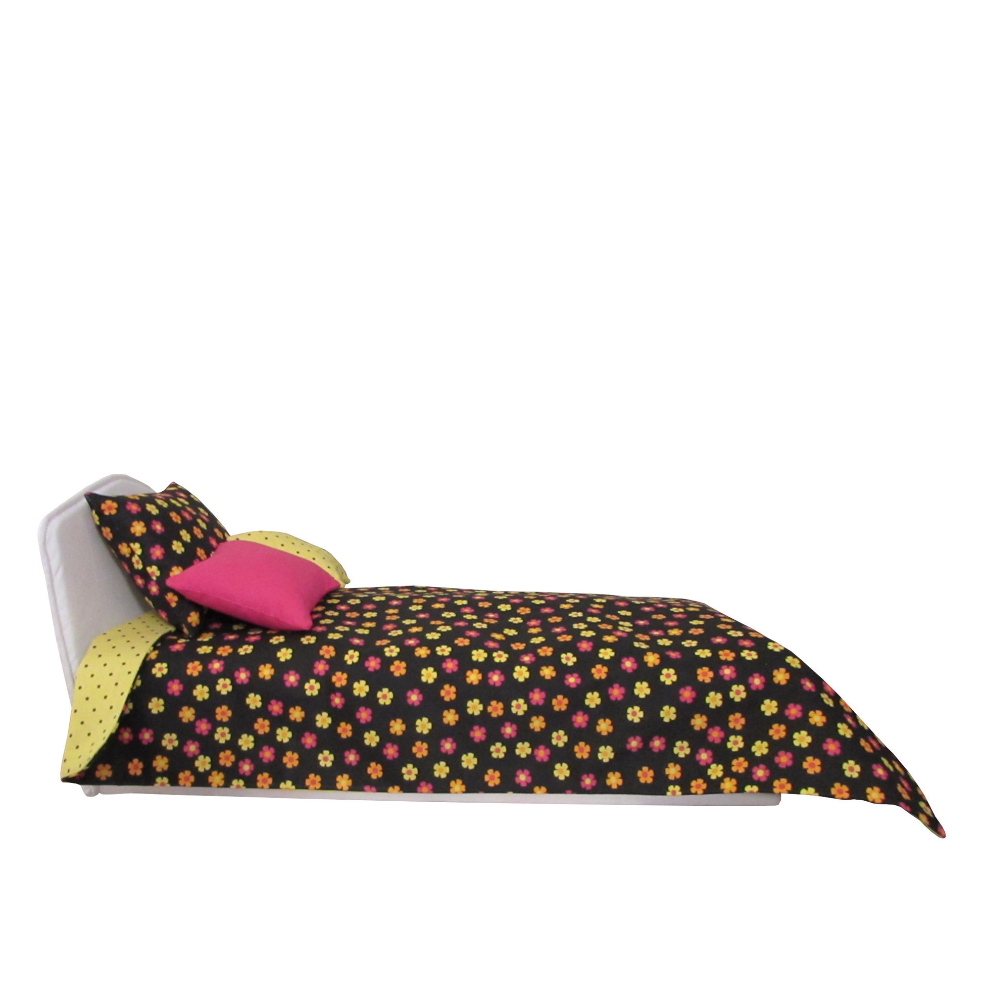 Yellow Orange Pink Flowers on Black Doll Bedding for 14 1/2 inch dolls Side view