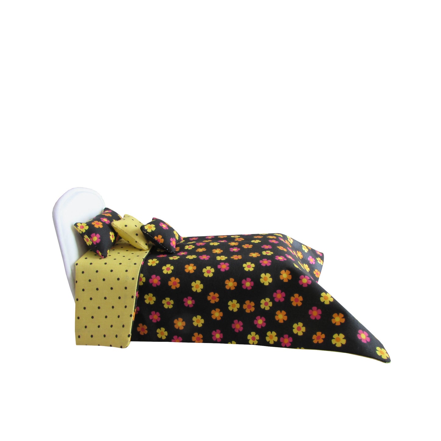 Yellow Orange Pink Flowers on Black Doll Bedding for 6.5 inch dolls Side view