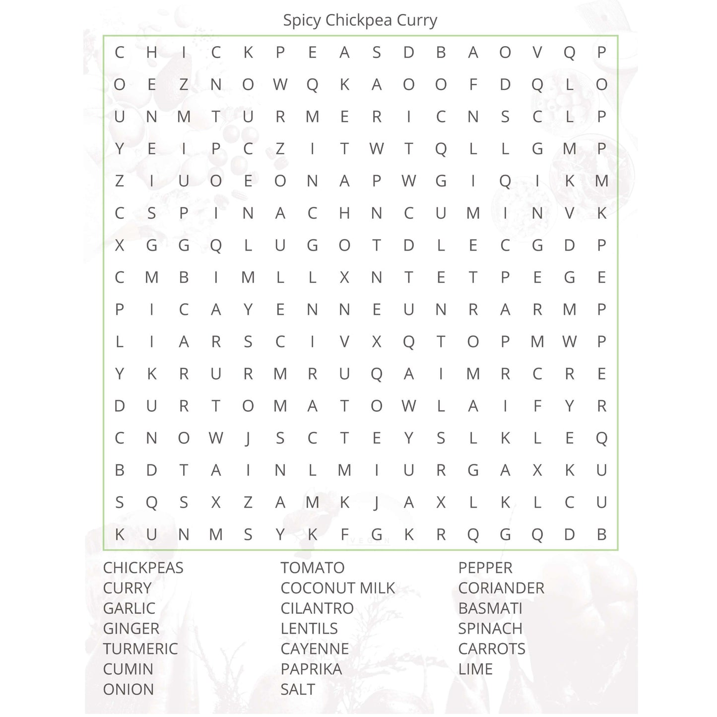 Yummy Food Search Book I Spicy Chickpea Curry Word Search