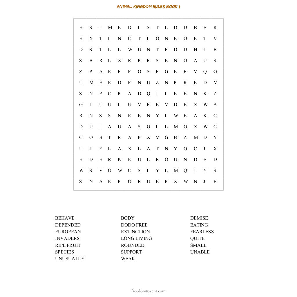 Animal Kingdom Rules Book I Word Search