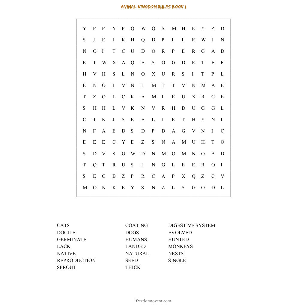 Animal Kingdom Rules Book I Word Search