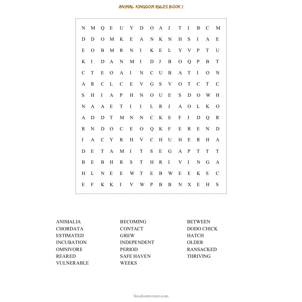 Animal Kingdom Rules Book I Word Search