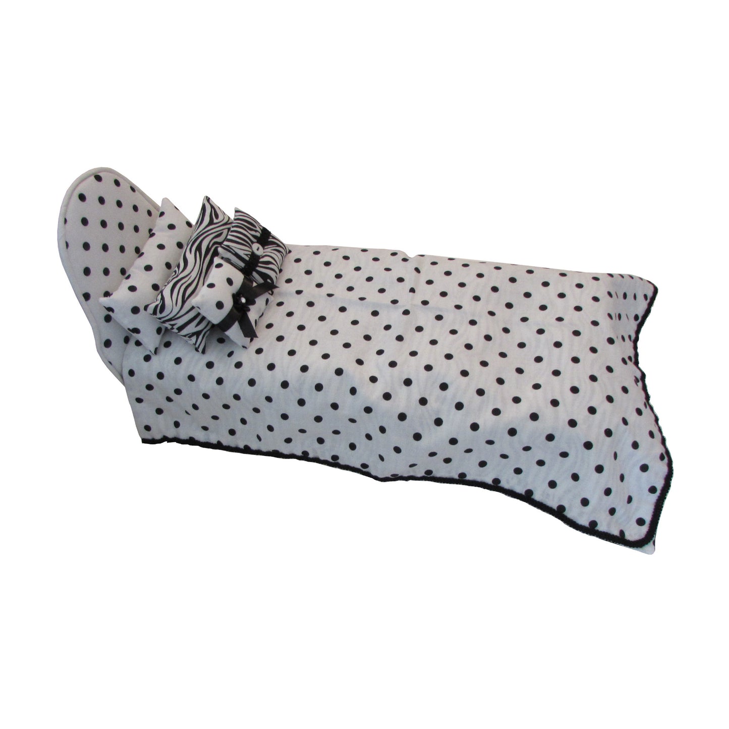 Black Dots on White Doll Bed and Dots Print Bedding for 11.5-inch and 12-inch dolls