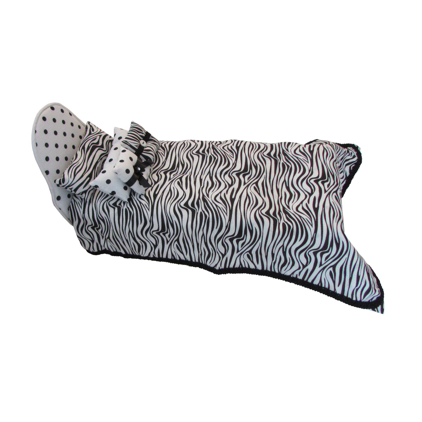 Black Dots on White Doll Bed and Zebra Print Doll Bedding for 11.5-inch and 12-inch dolls