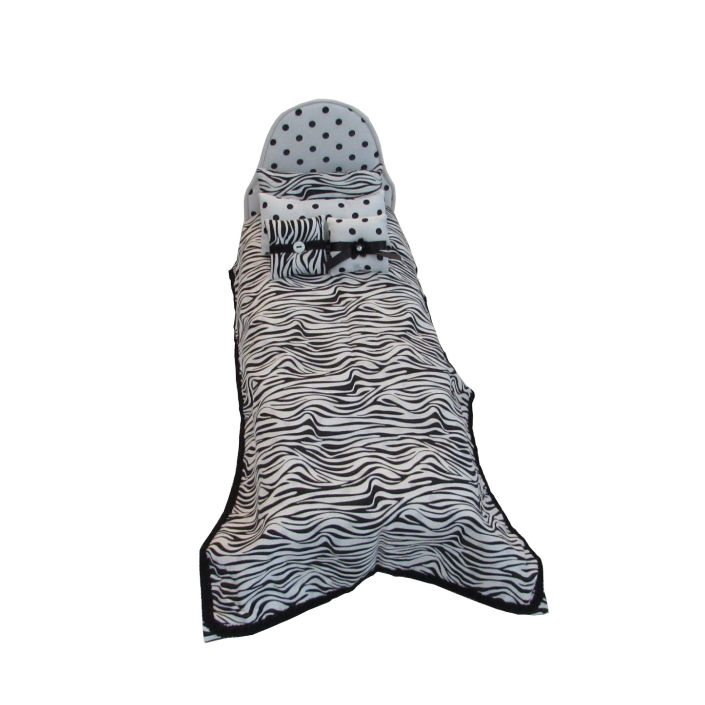 Black Dots on White Doll Bed and Zebra Print Doll Bedding for 11.5-inch and 12-inch dolls Second view