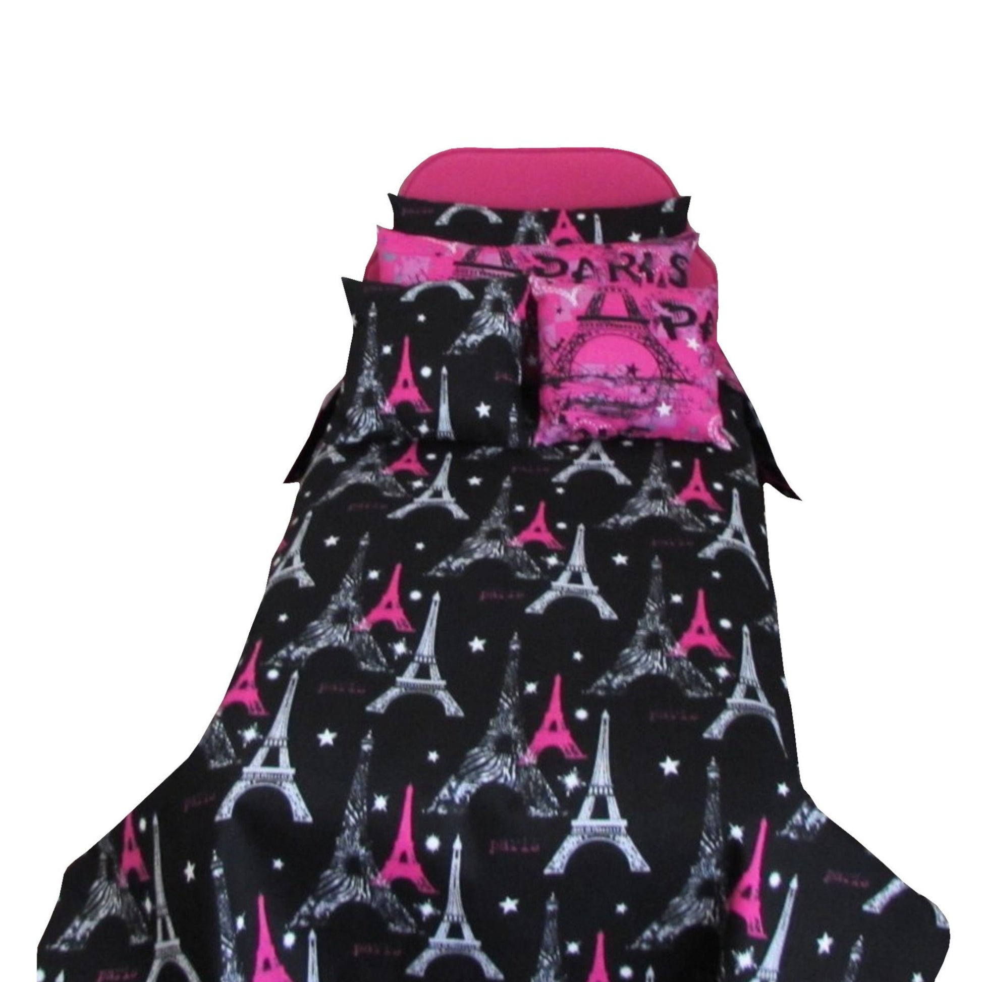 Bright Pink Doll Bed and Black Paris Doll Bedding for 18-inch dolls