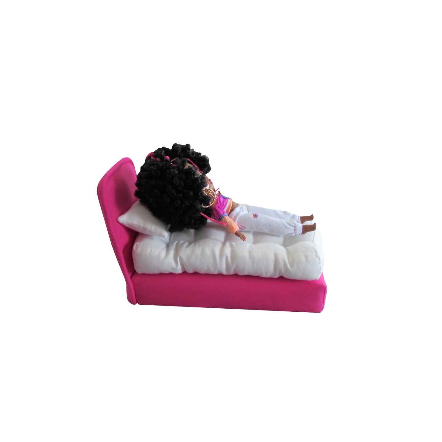 Bright Pink Doll Bed and Mattress with Hoops Cutie LOL doll lying down Second view