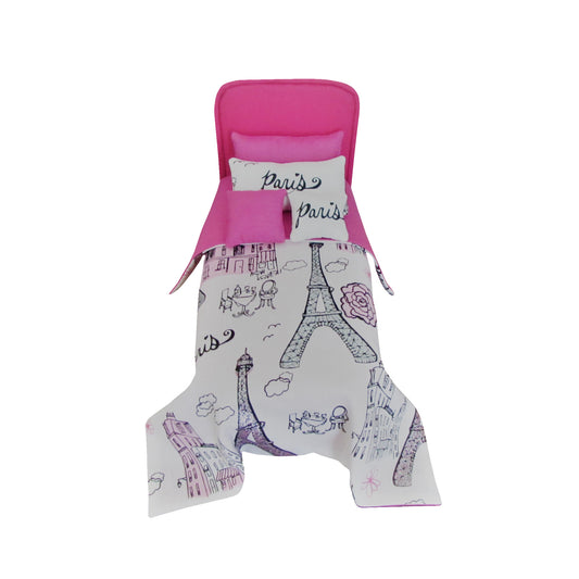Bright Pink Doll Bed and Paris Doll Bedding for 6.5-inch dolls