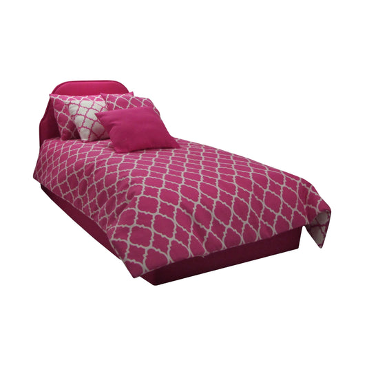 Bright Pink Doll Bed with Pink Print Doll Comforter 18-inch dolls