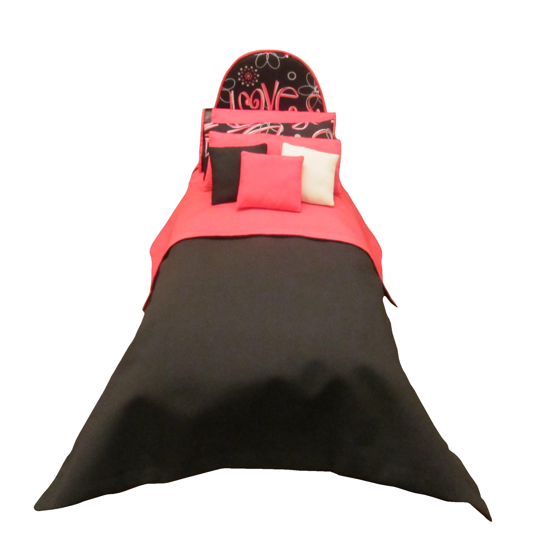 Bright Pink Upholstered Love Headboard Doll Bed and Doll Bedding for 11.5-inch and 12-inch dolls Second view