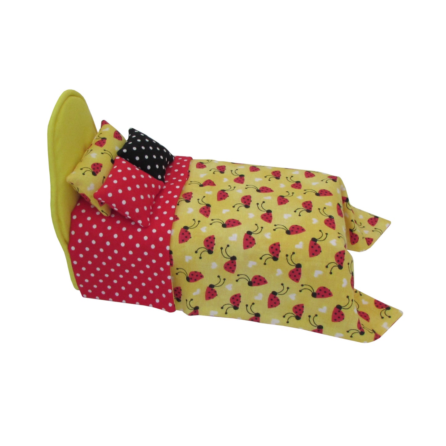 Bright Yellow Doll Bed and Reversible Ladybug Doll Bedding for 6.5-inch dolls