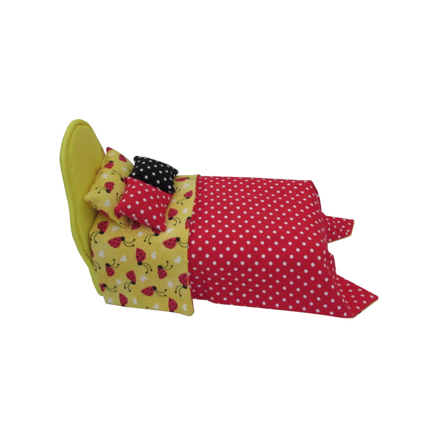 Bright Yellow Doll Bed and White Dots on Red Bedding for 6.5-inch dolls