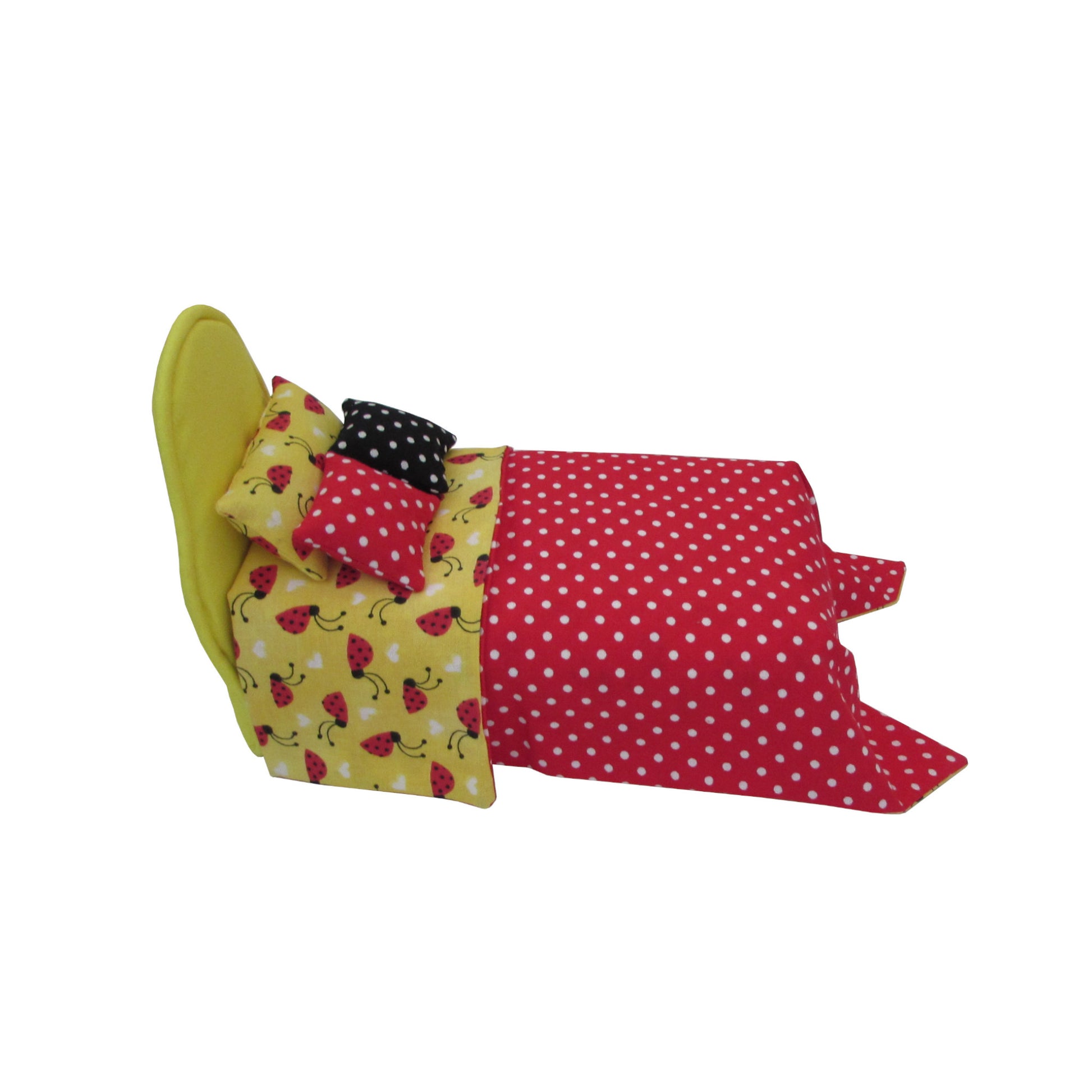 Bright Yellow Doll Bed and White Dots on Red Bedding for 6.5-inch dolls