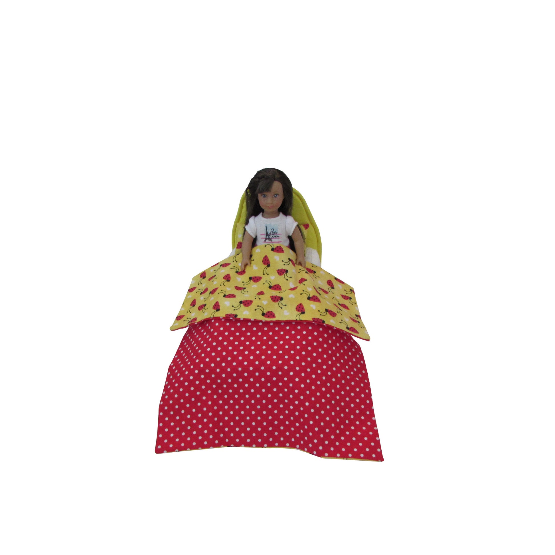 Bright Yellow Doll Bed and White Dots on Red Bedding for 6.5-inch doll with doll