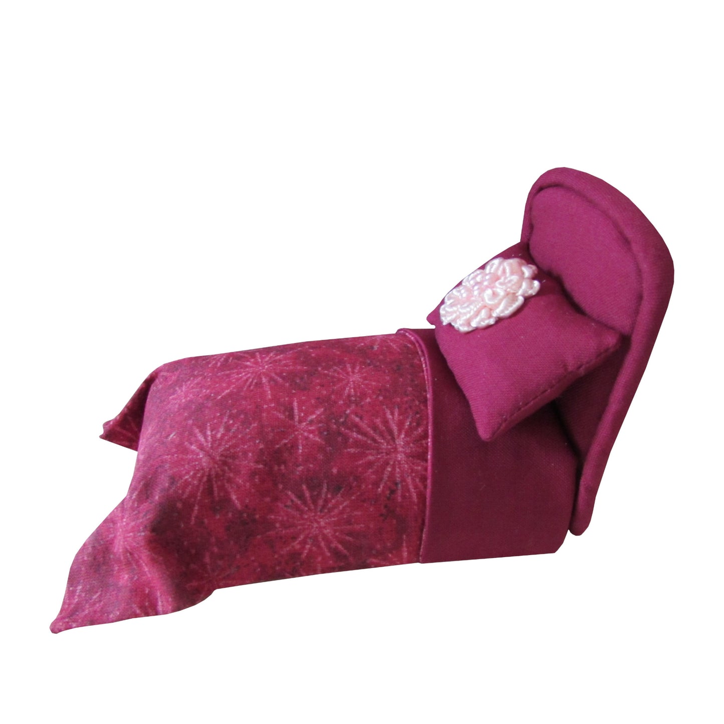 Burgundy Pincushion Bed with Bedding Side view 2