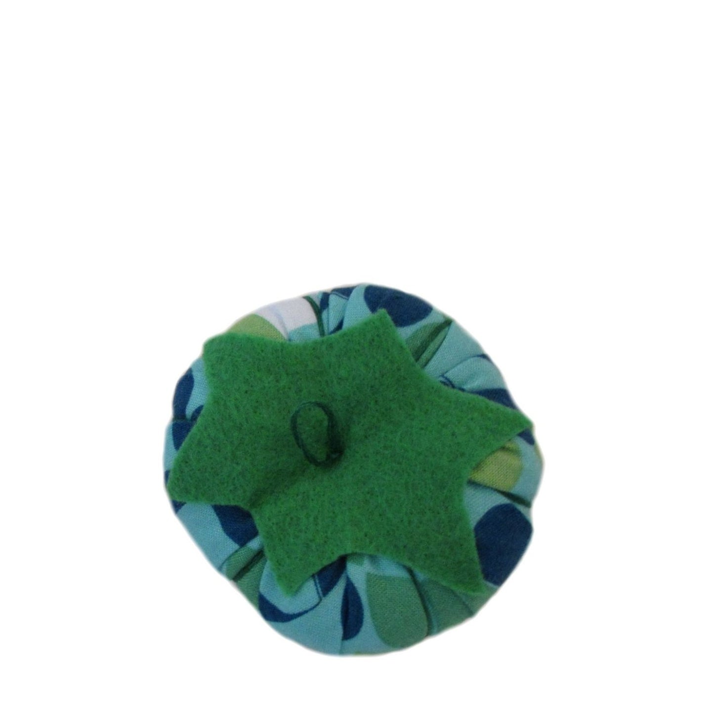Green Top Blue Green White Print Tomato Pincushion top view