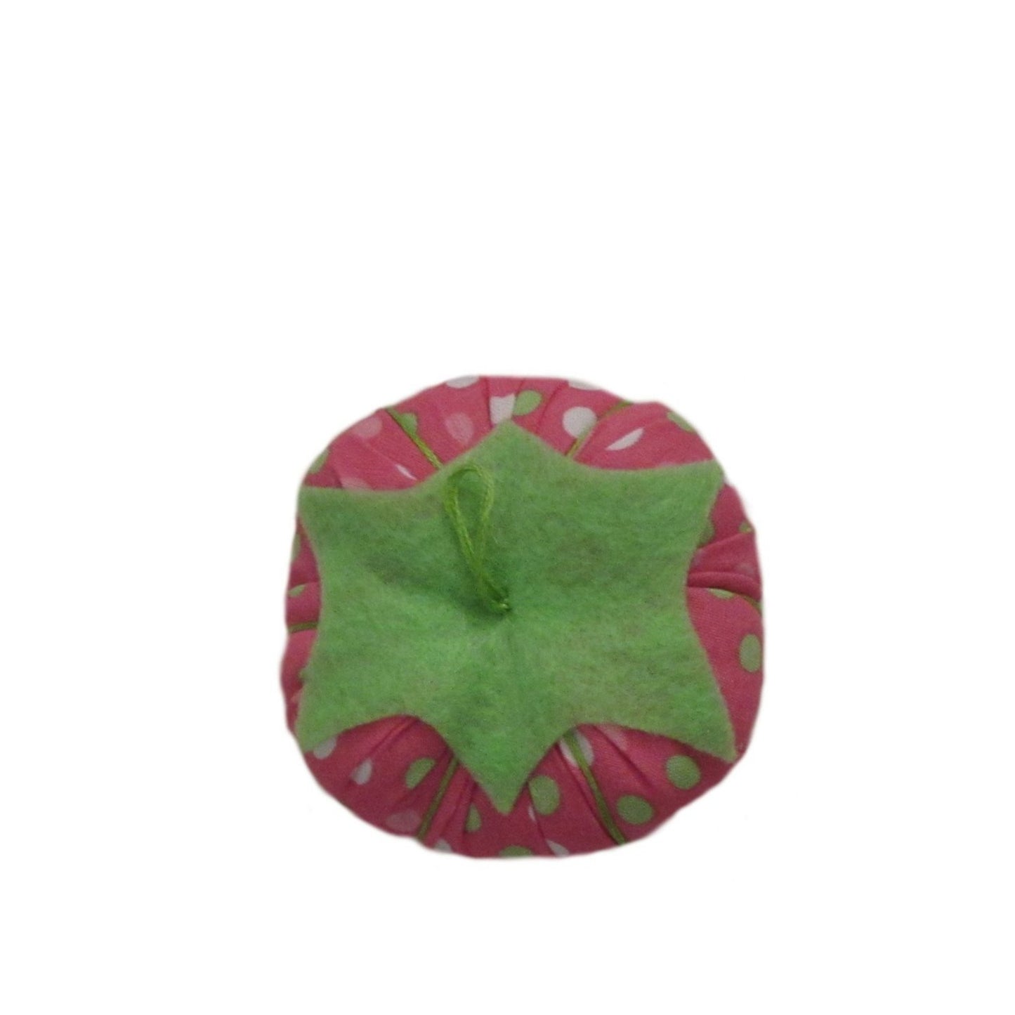 Green Top Green Pink White Dots Print Tomato Pincushion top view