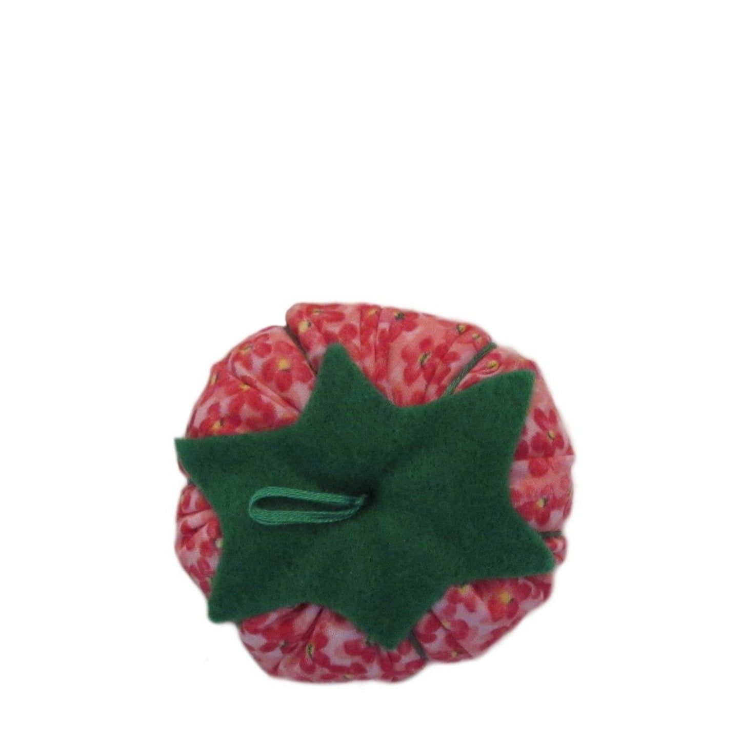 Green Top Pink Floral Print Tomato Pincushion top view