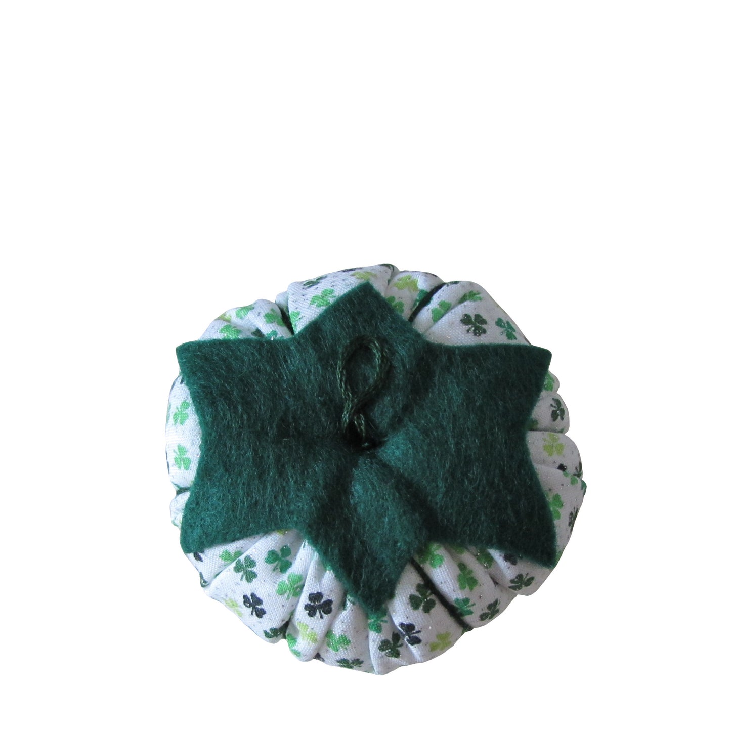 Green Top Three Leaf Clover Print Tomato Pincushion top view