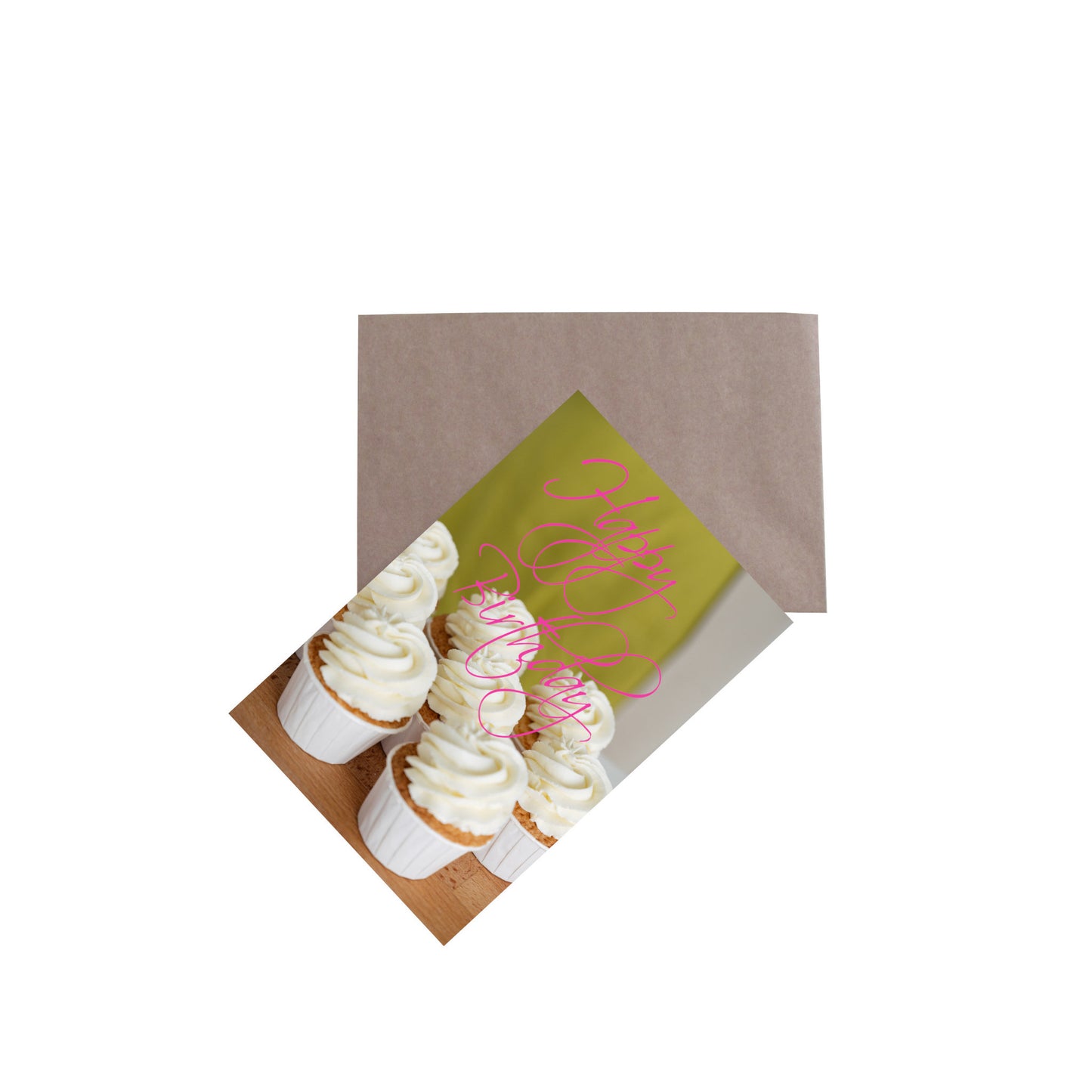 Happy Birthday 5.5 x 8.5 Portrait Greeting Card with White Cupcakes Front with Brown Kraft Envelope