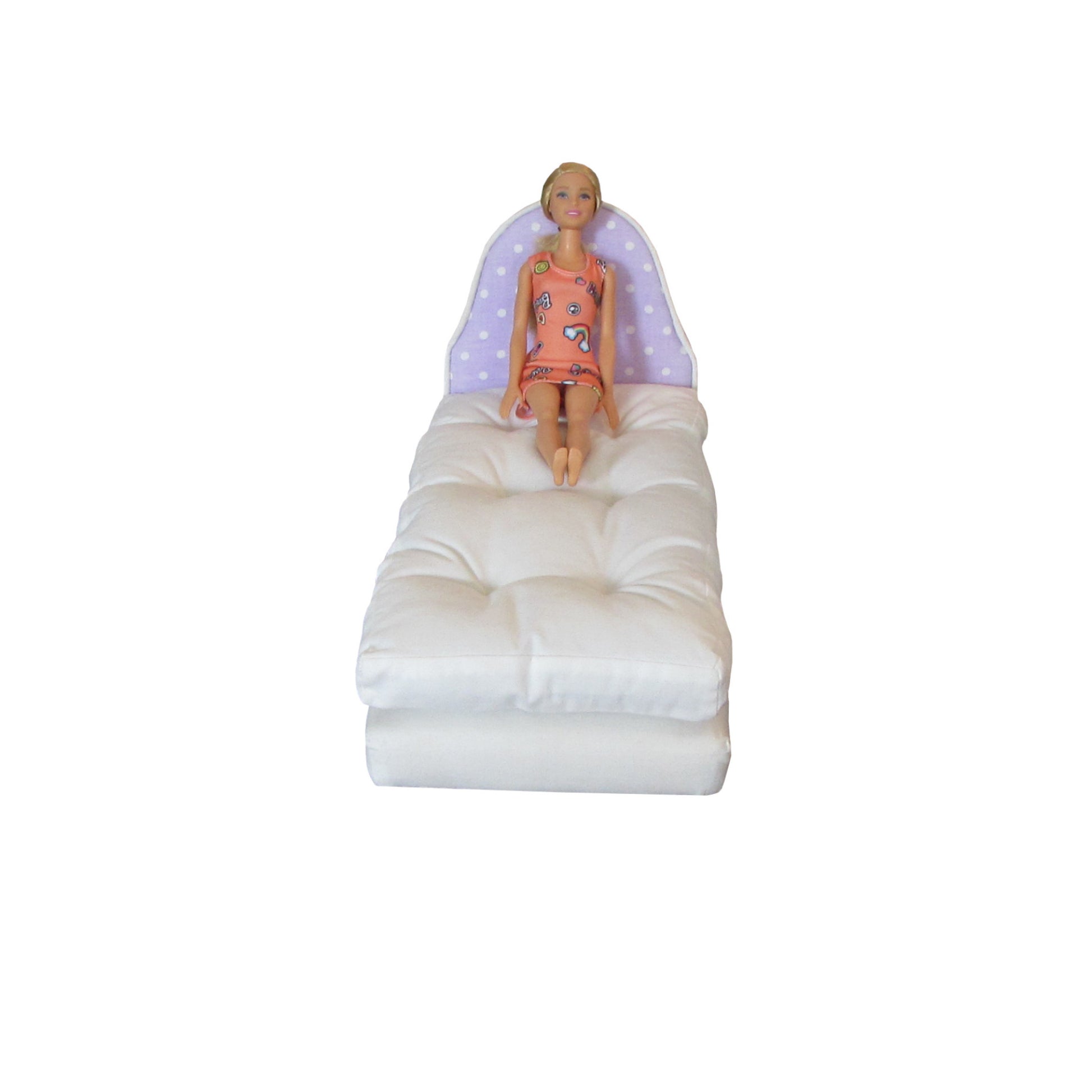 Lavender Dots Doll Headboard Doll Bed and Mattress for 11.5-inch and 12-inch dolls with doll