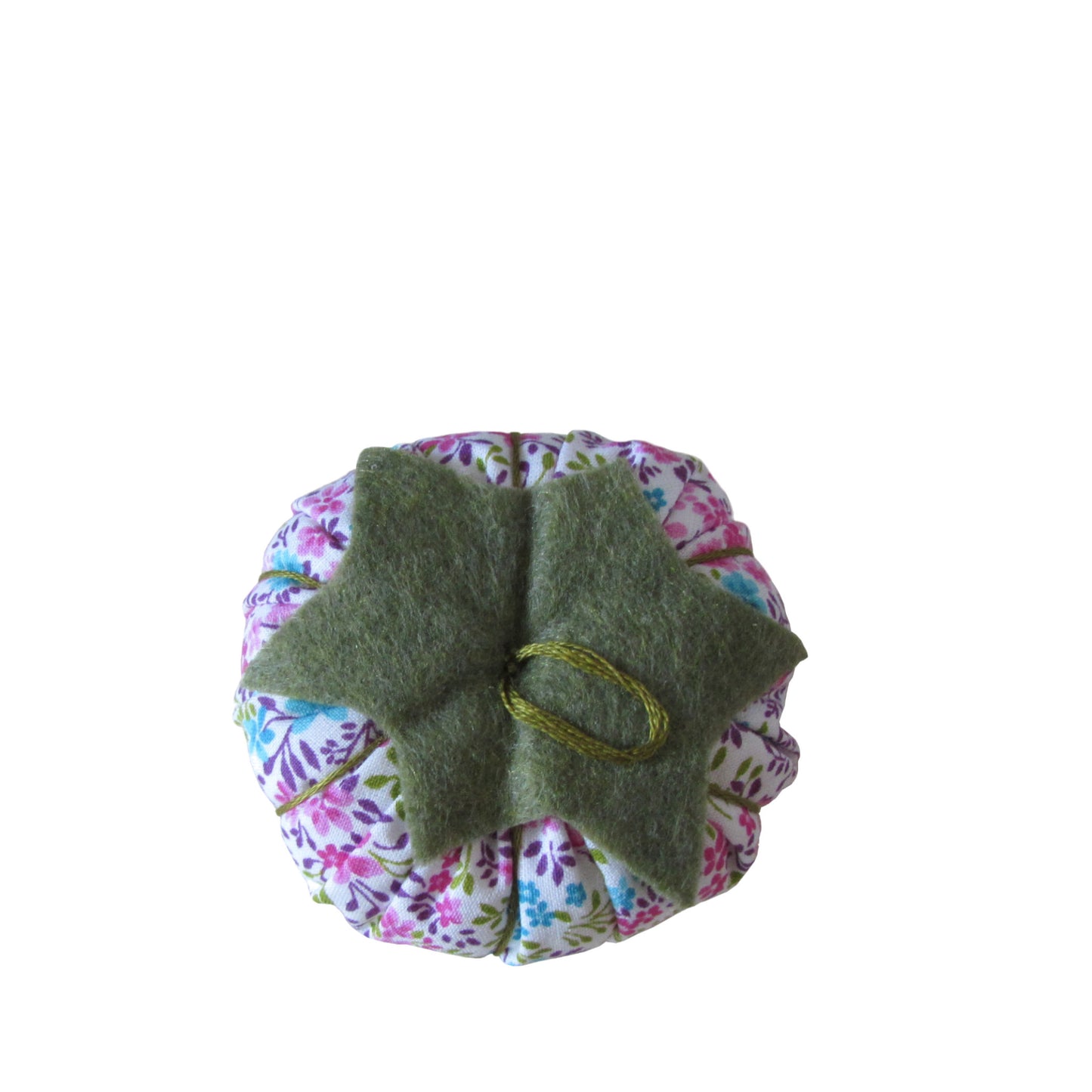 Olive Green Top Pink, Turquoise, and Purple Tomato Pincushion top view
