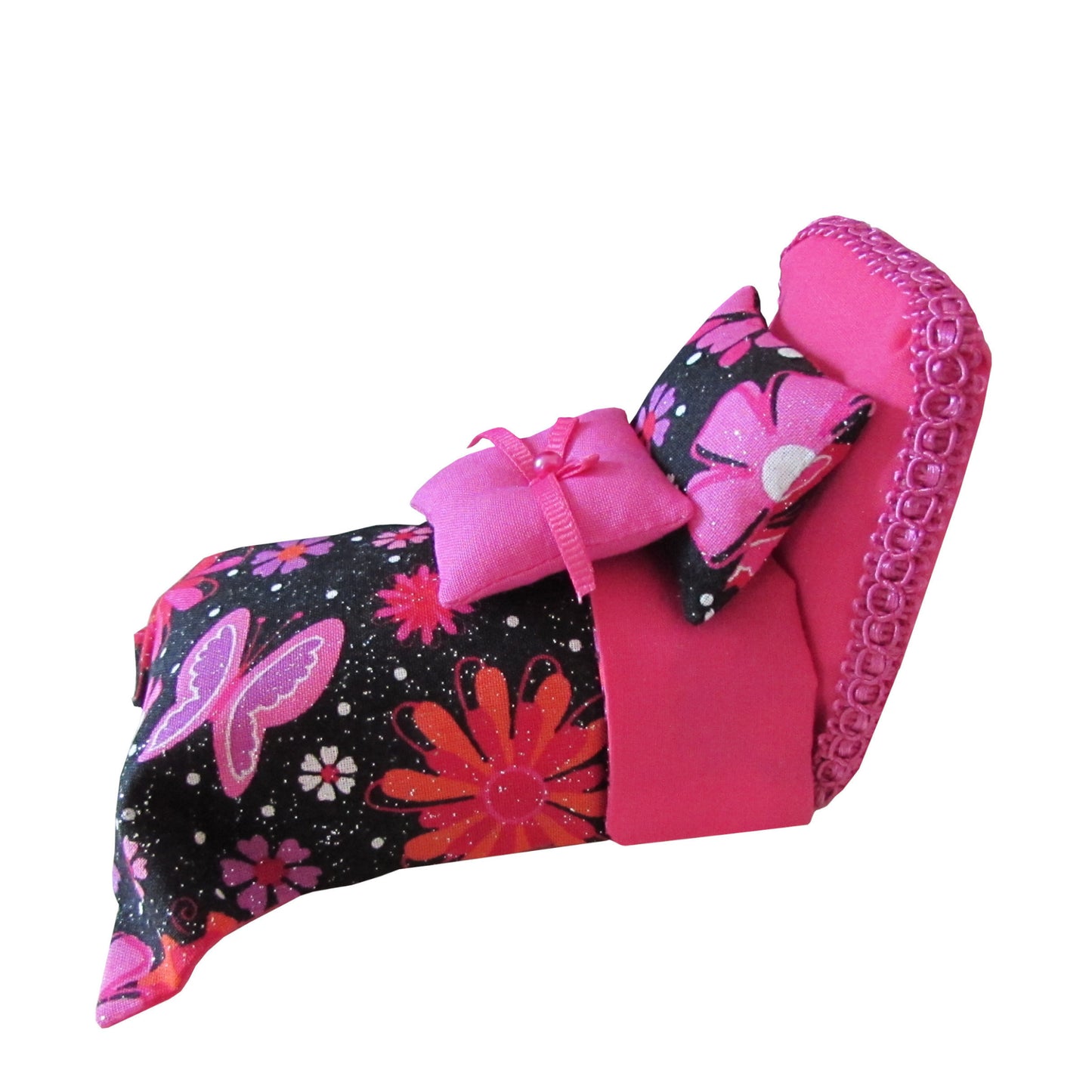 Pink Pincushion Bed with Metallic Butterfly Print Bedding Side view 2