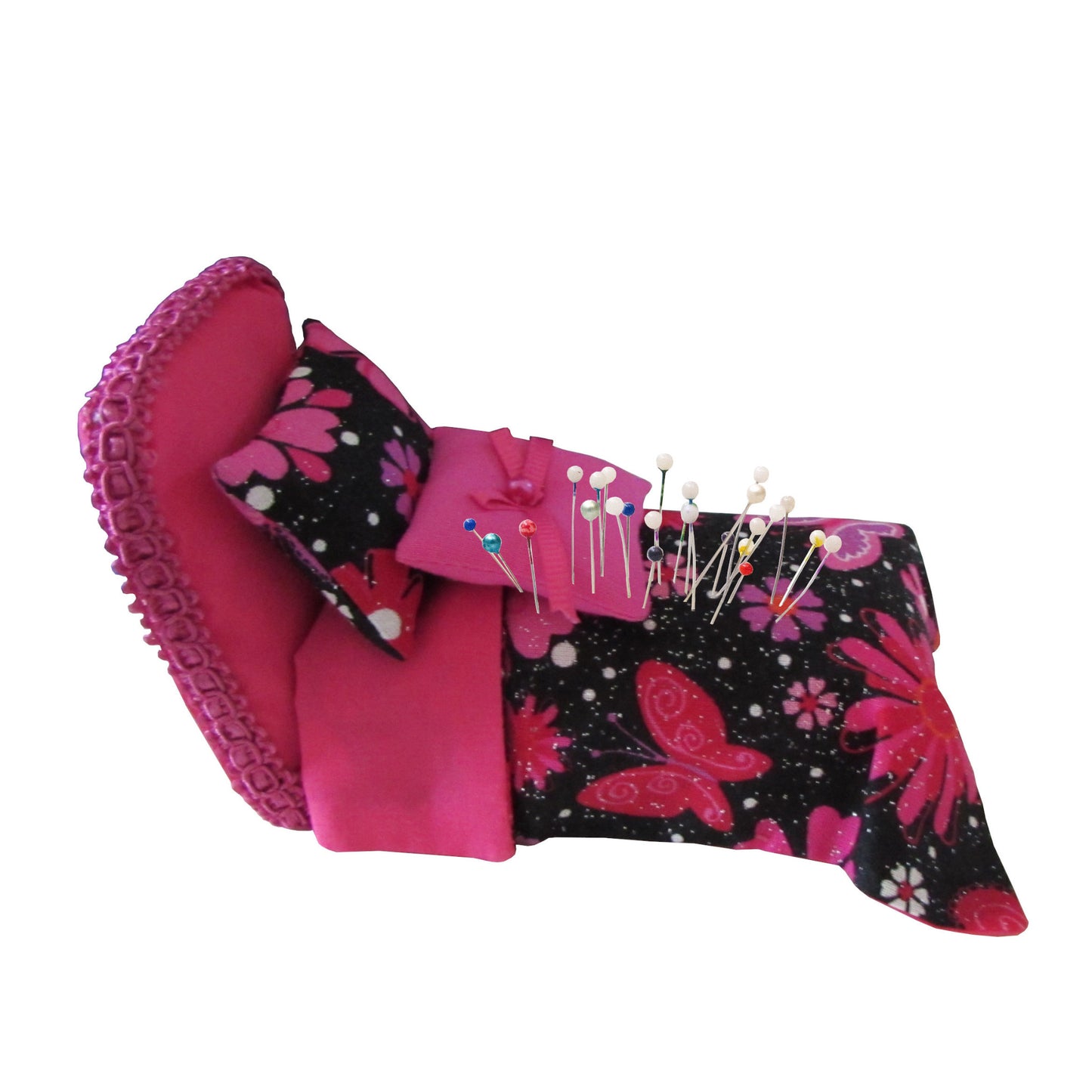 Pink Pincushion Bed with Metallic Butterfly Print Bedding Side view with pins