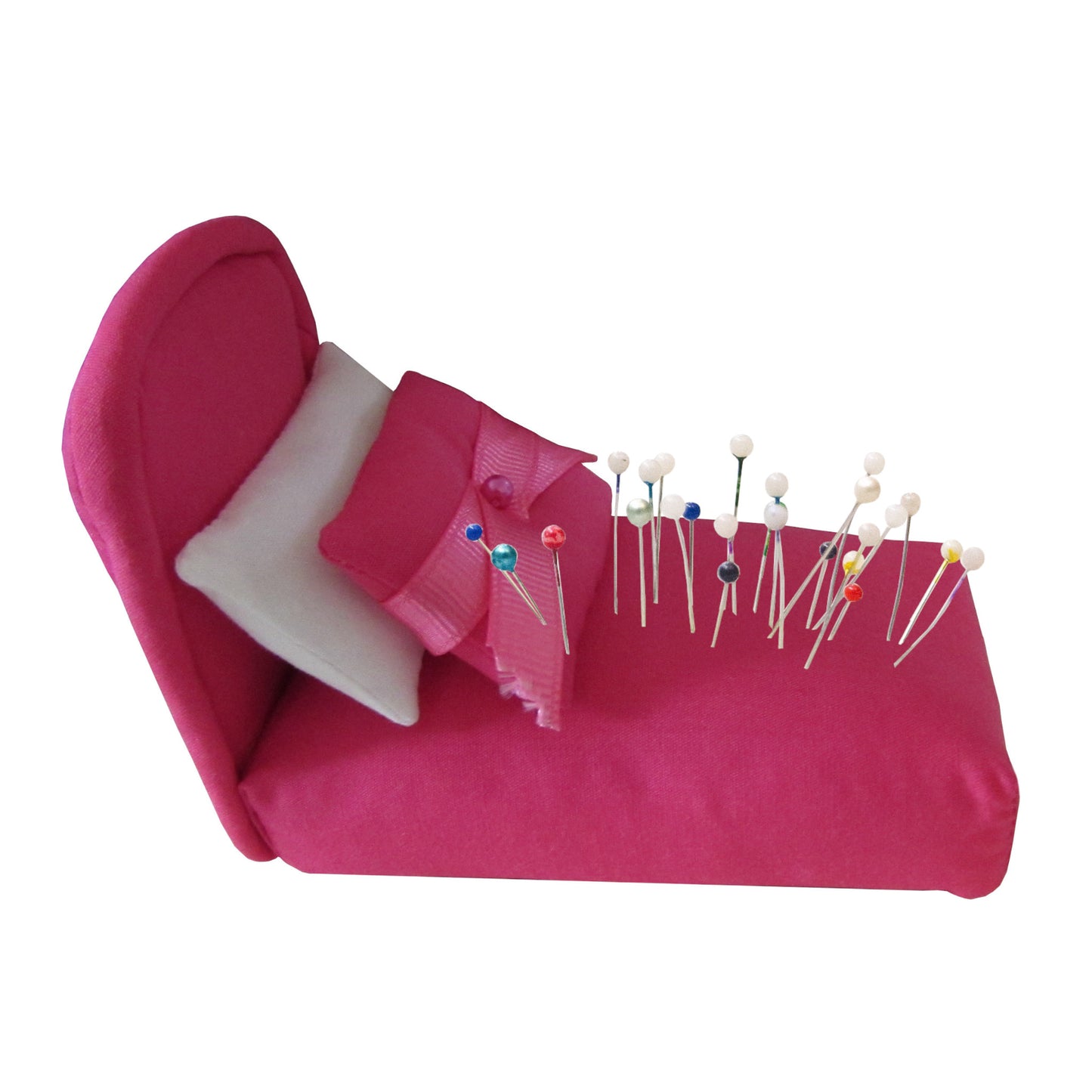 Pink Pincushion Bed with White Pillow Side view with pins