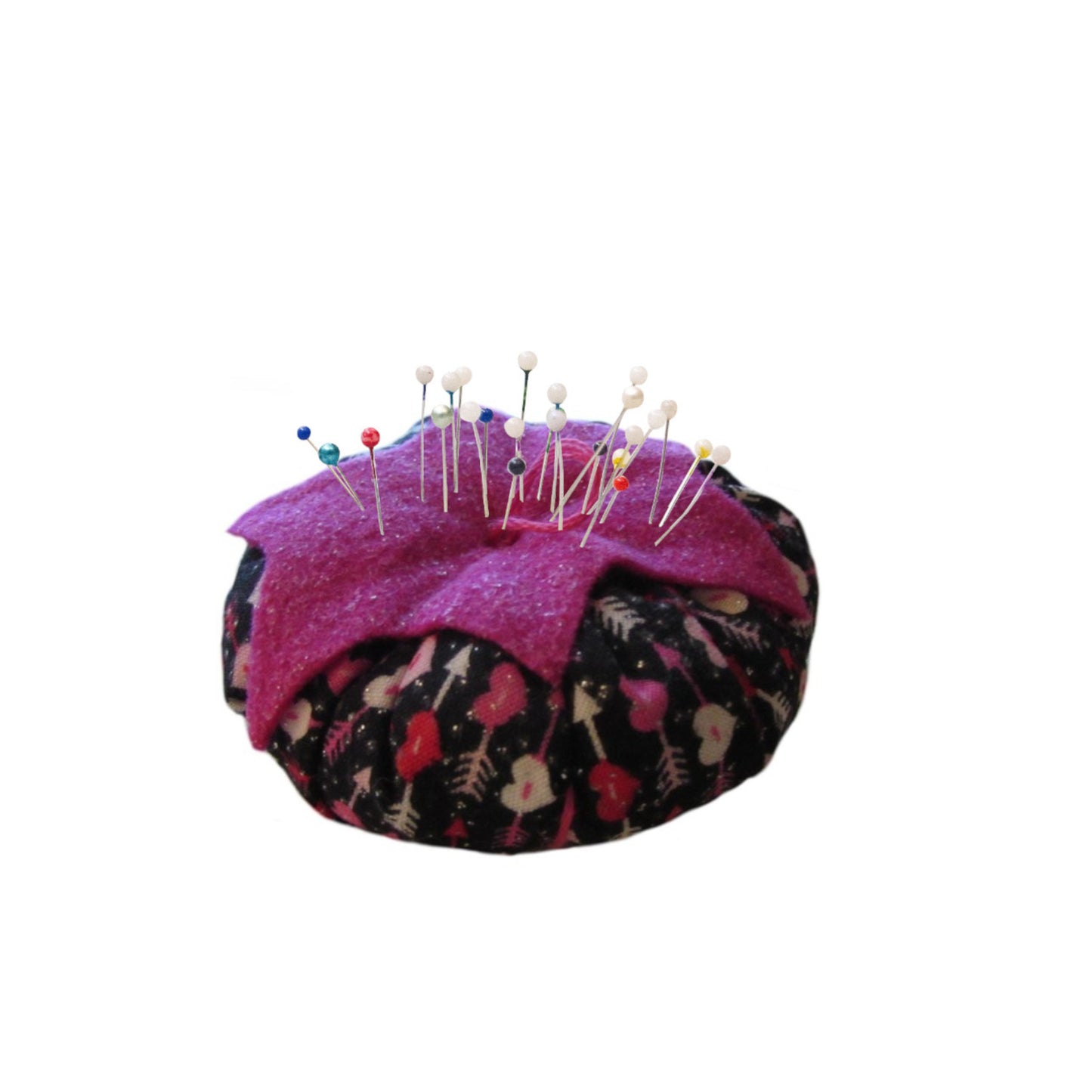 Pink Top Hearts and Arrows Tomato Pincushion with pins