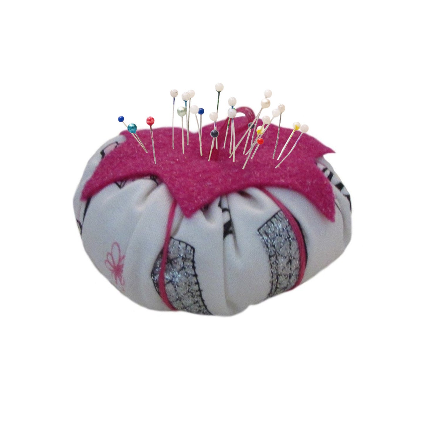 Pink Top Paris Print Tomato Pincushion with pins