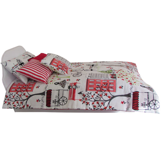 Red Paris Floral Trees Print Doll Comforter Set for 18-inch dolls