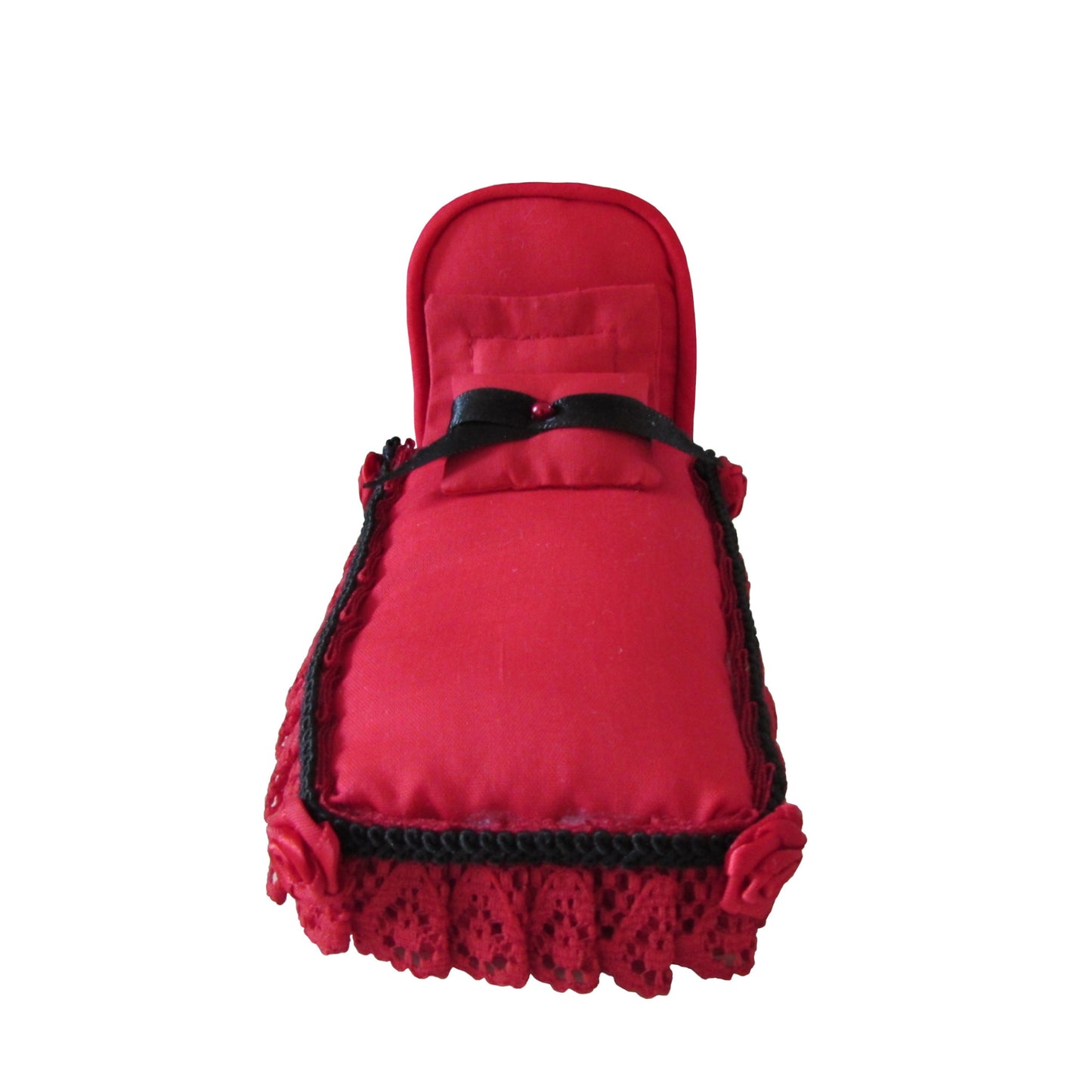 Red Pincushion Bed with Lace and Rose Trim Front view