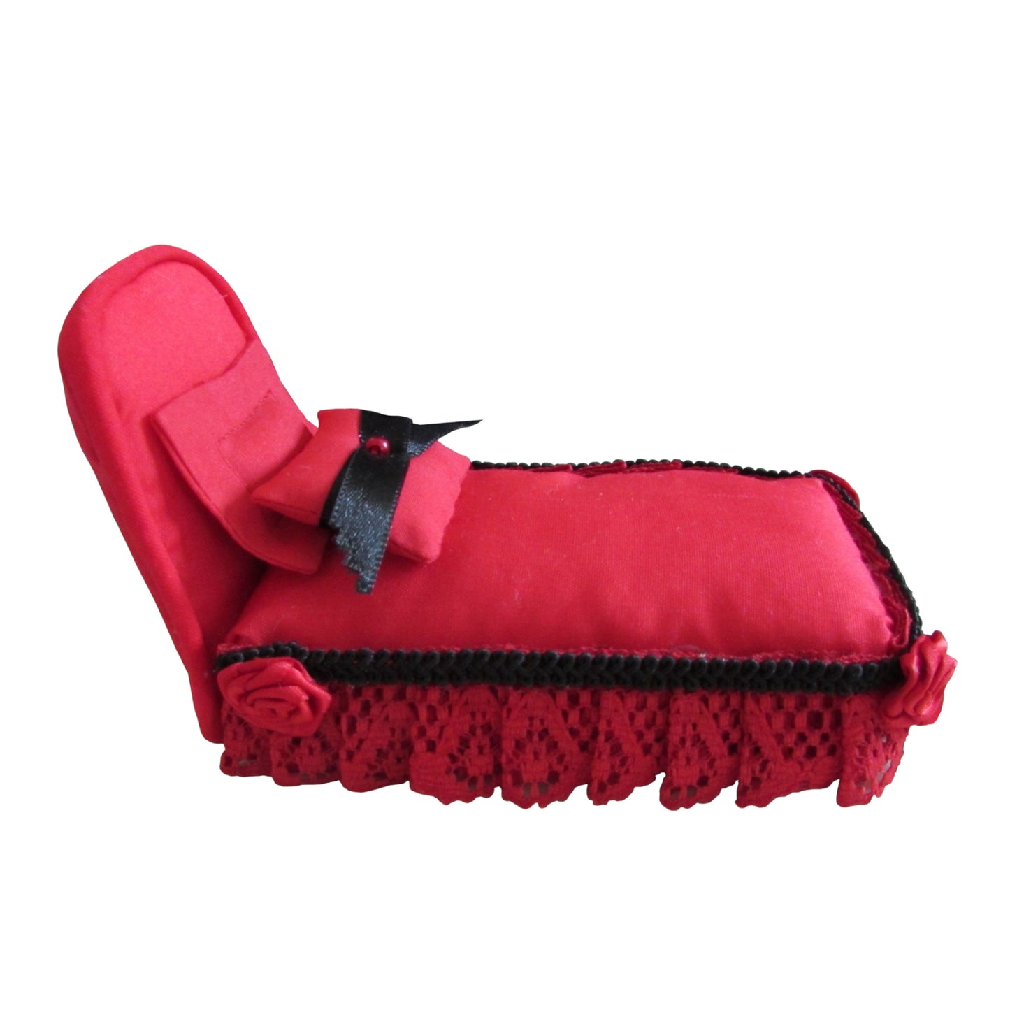 Red Pincushion Bed with Lace and Rose Trim Side view