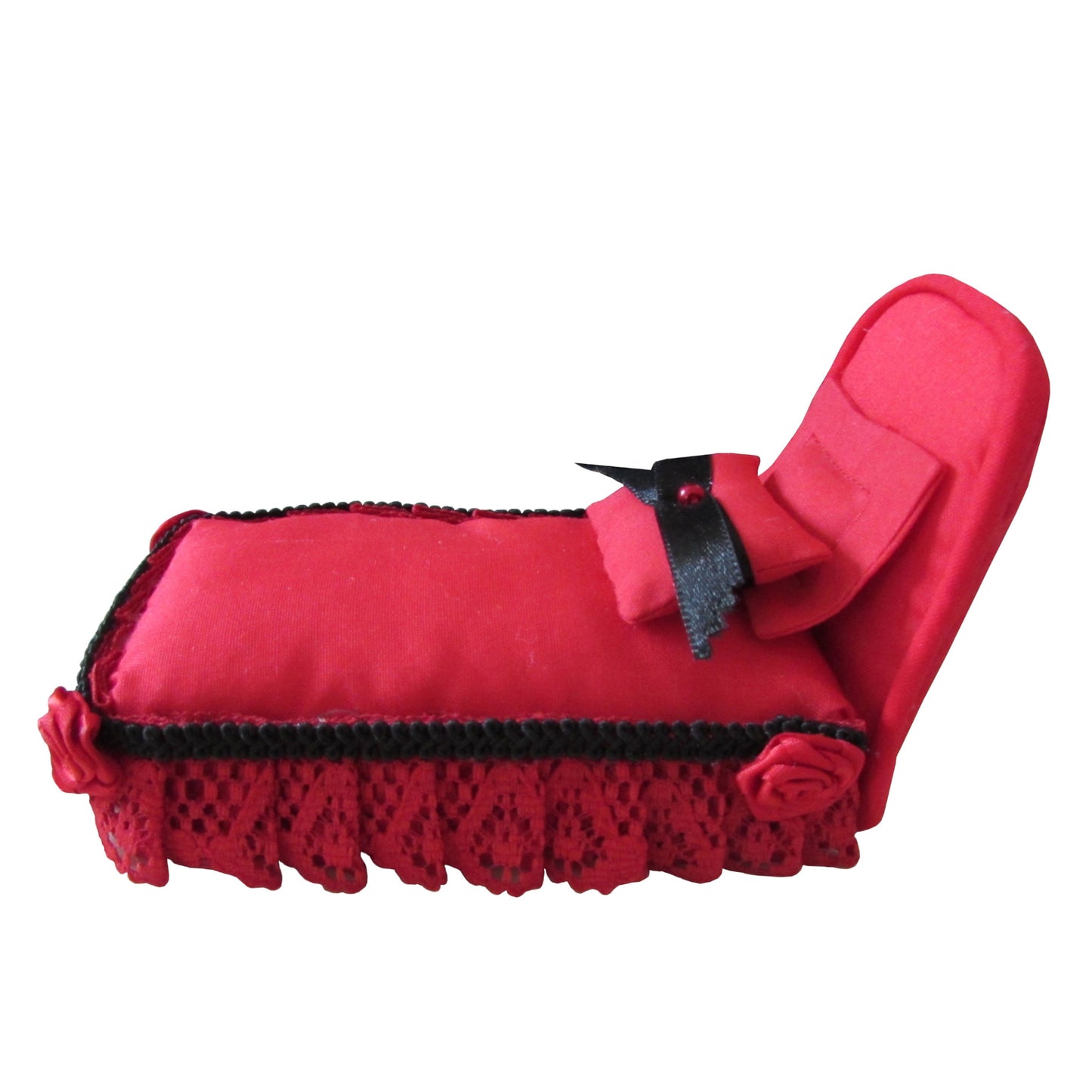 Red Pincushion Bed with Lace and Rose Trim Side view 2