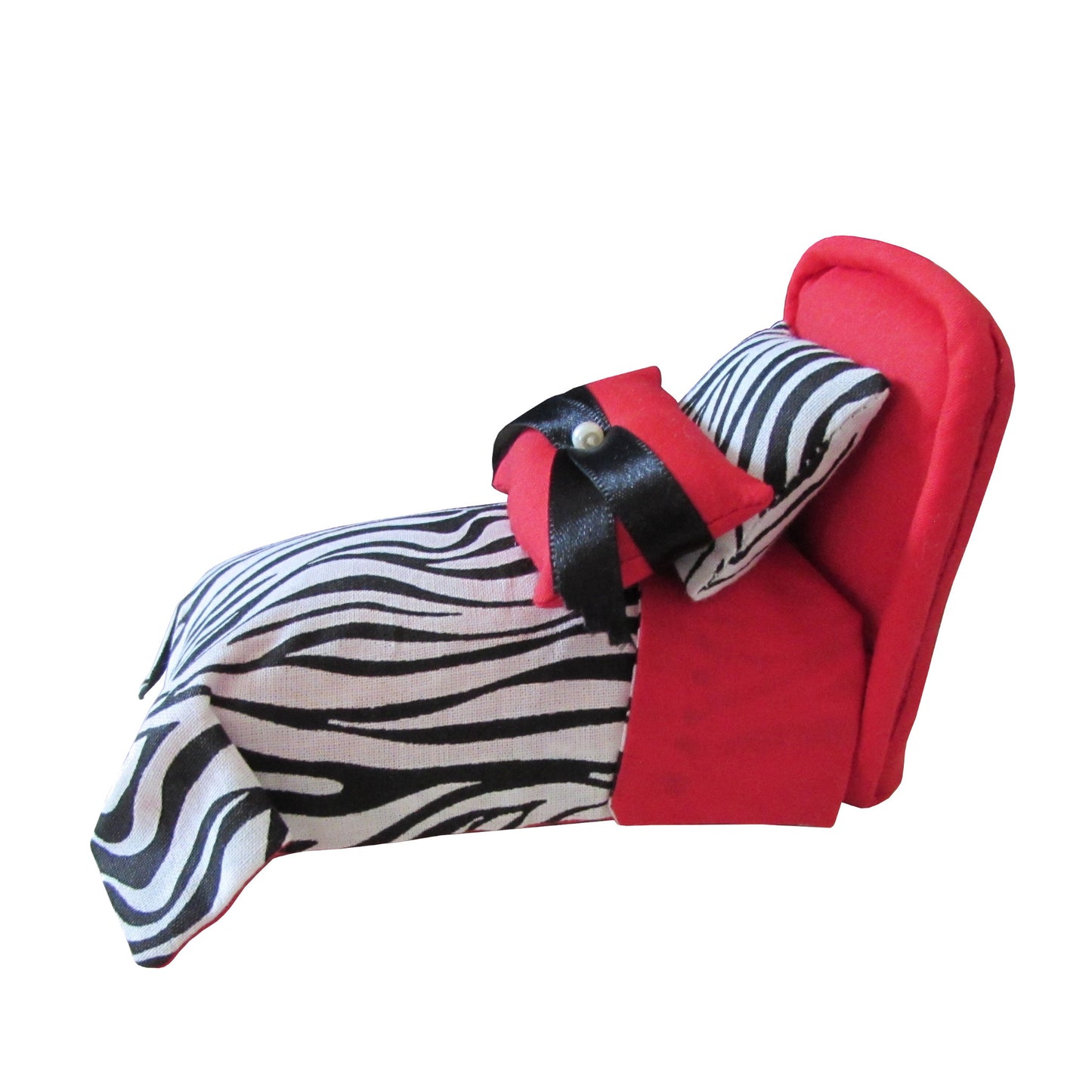 Red Pincushion Bed with Zebra Bedding Side view 2