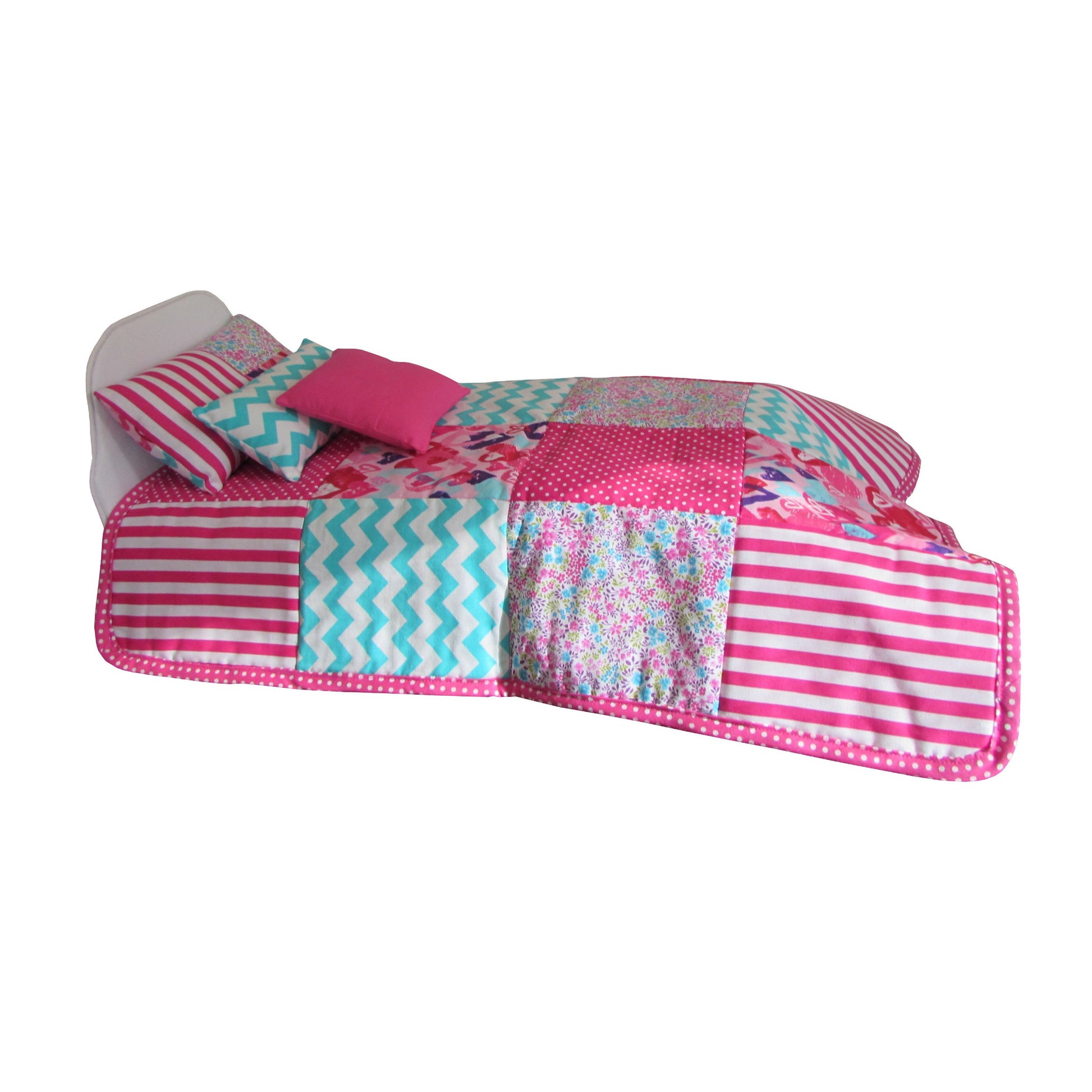 Stripes, Dots, and Floral Doll Quilt on White Upholstered Doll Bed for 18-inch dolls