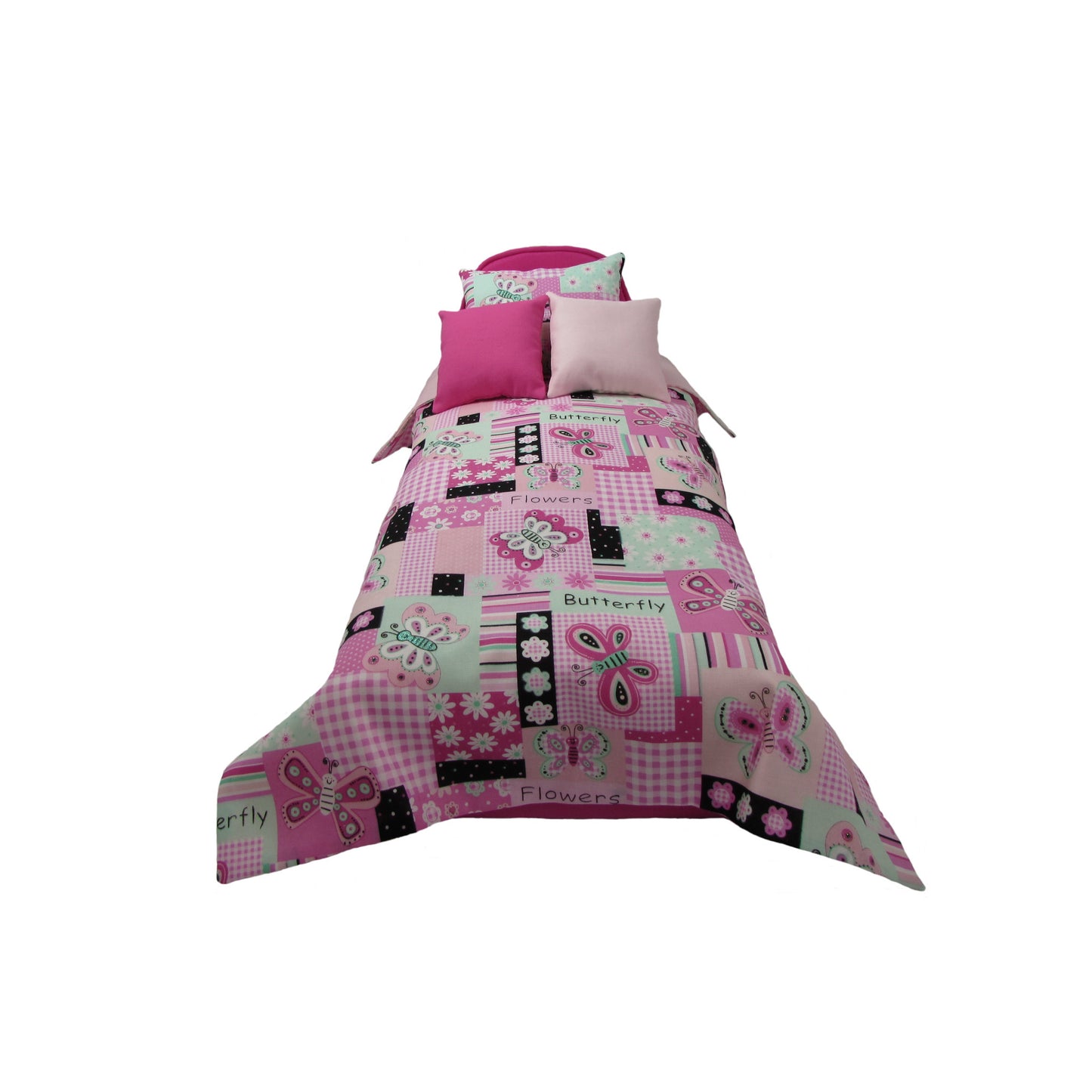 Upholstered Bright Pink Doll Bed and Patchwork Print Doll Bedding for 14.5-inch dolls Second view