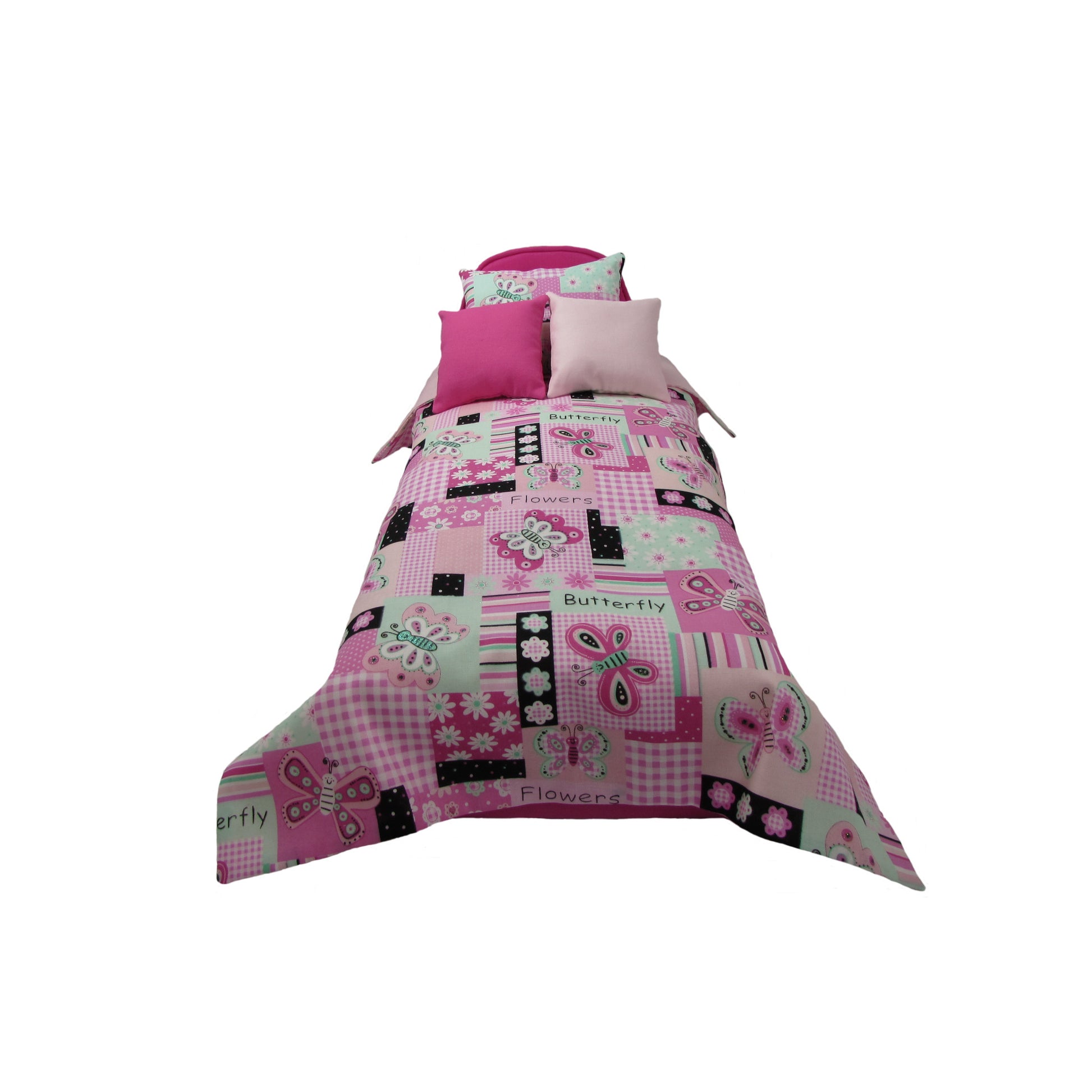 Upholstered Bright Pink Doll Bed and Patchwork Print Doll Bedding for 14.5-inch dolls Second view