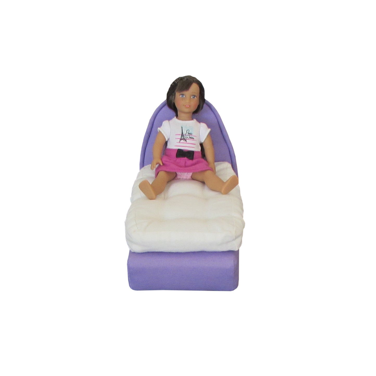 Upholstered Lavender Doll Bed and Mattress for 6.5-inch dolls with doll Second view
