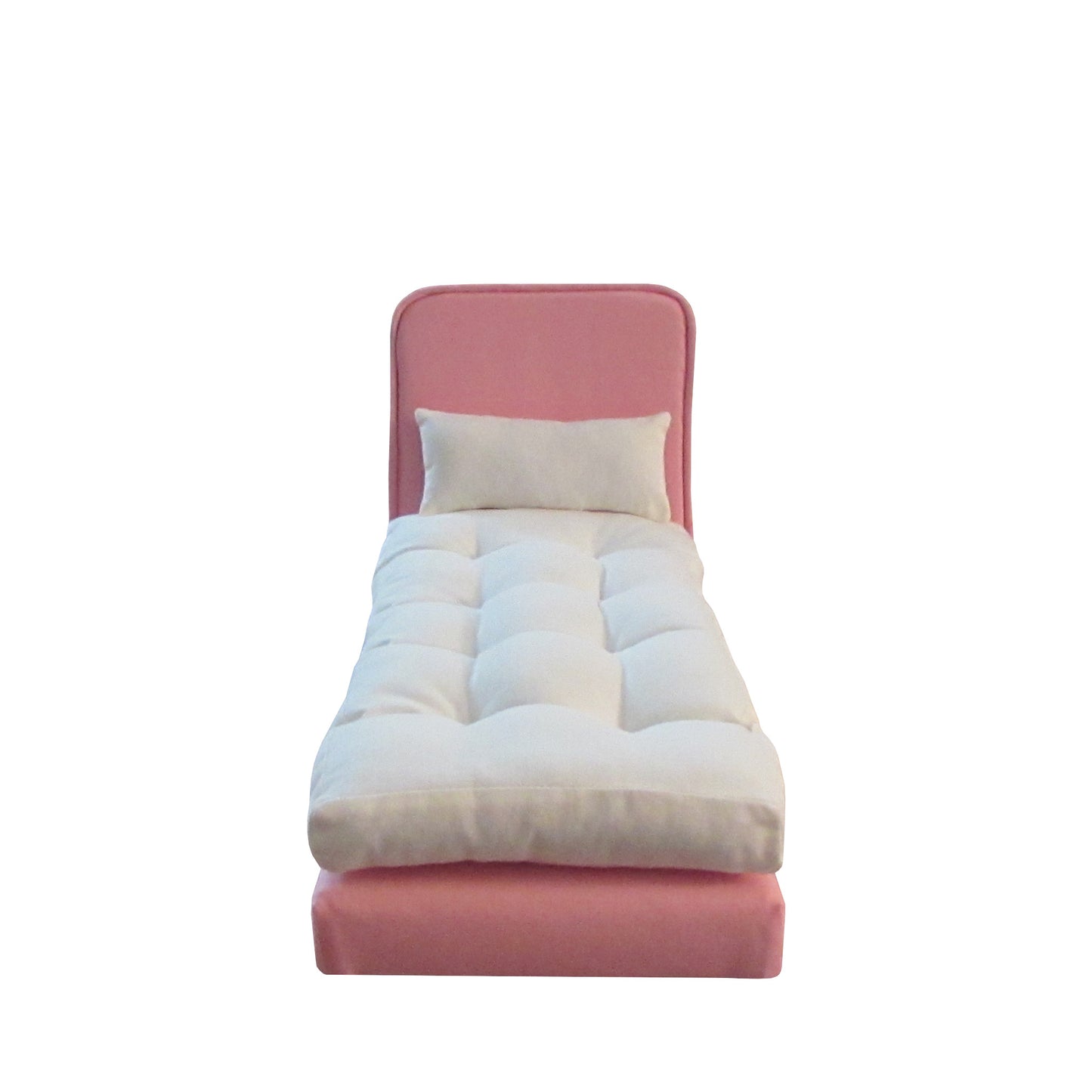 Upholstered Light Pink Doll Bed, Mattress, and Pillow for 11.5-inch and 12-inch dolls Front view