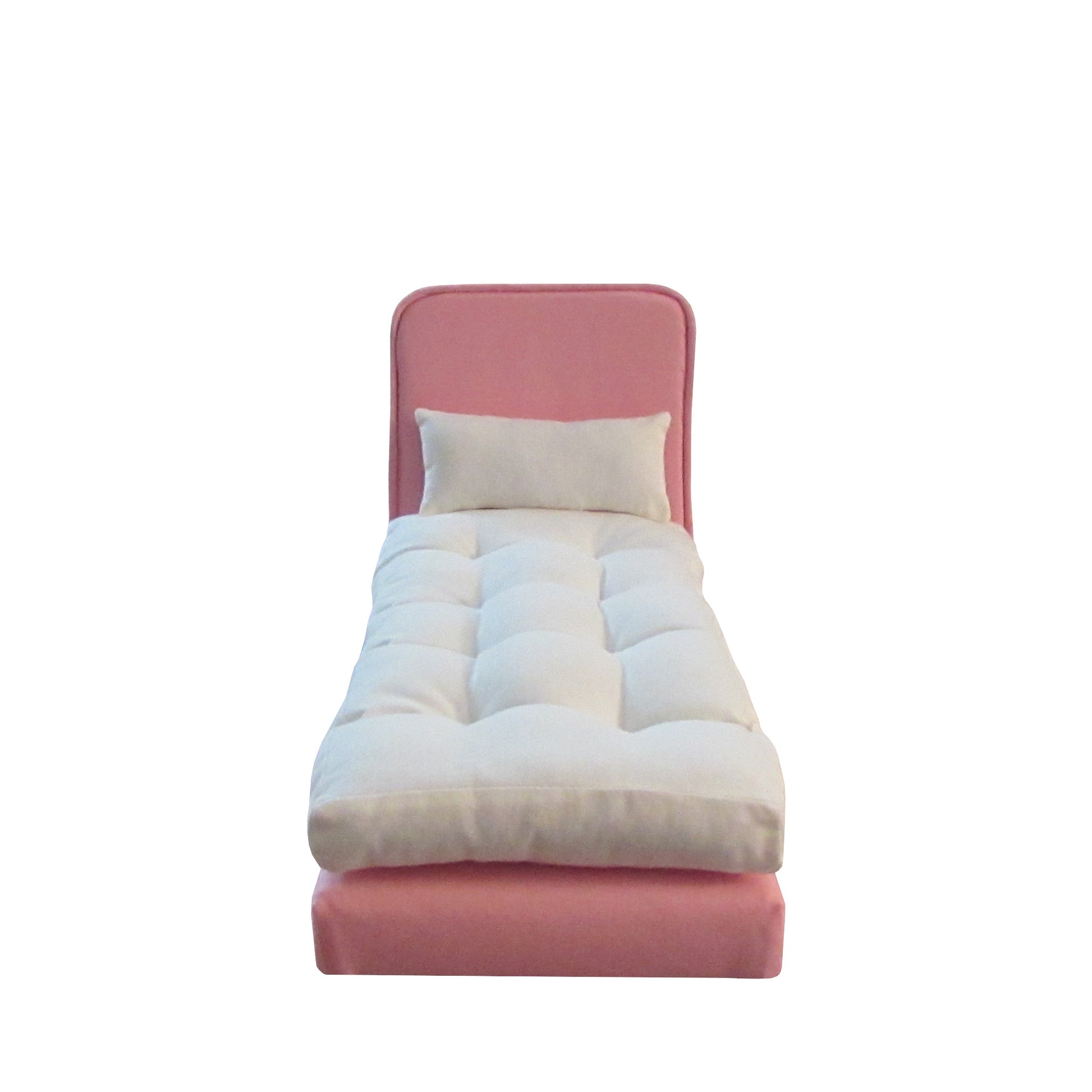 Upholstered Light Pink Doll Bed, Mattress, and Pillow for 11.5-inch and 12-inch dolls Front view