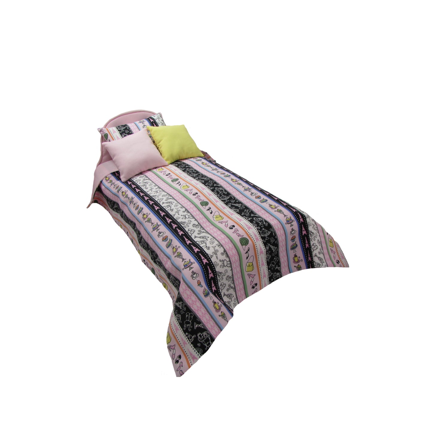 Upholstered Light Pink Doll Bed and Paris Stripes Doll Bedding for 14.5-inch dolls