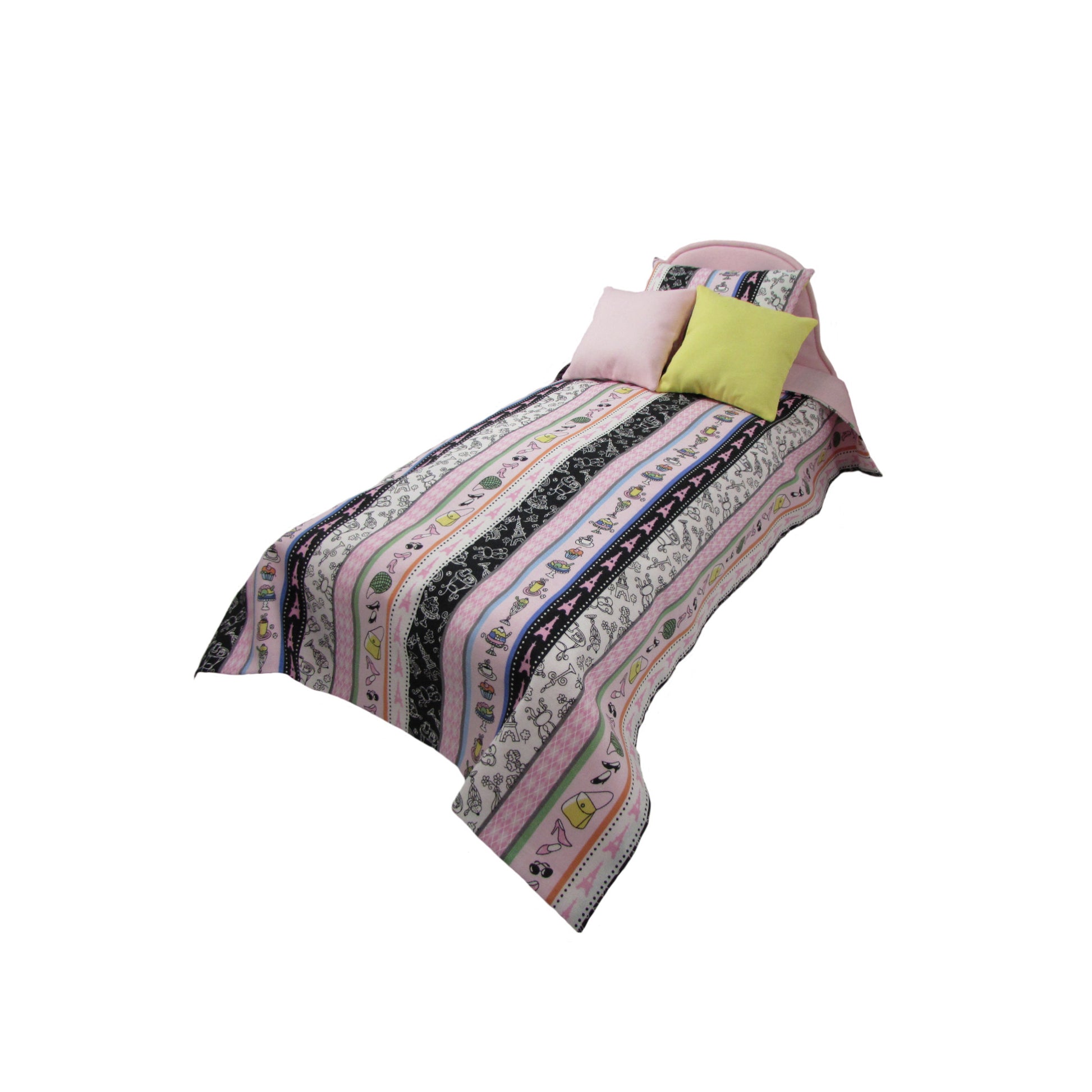 Upholstered Light PInk Doll Bed and Paris Stripes Doll Bedding for 14.5-inch dolls Third view