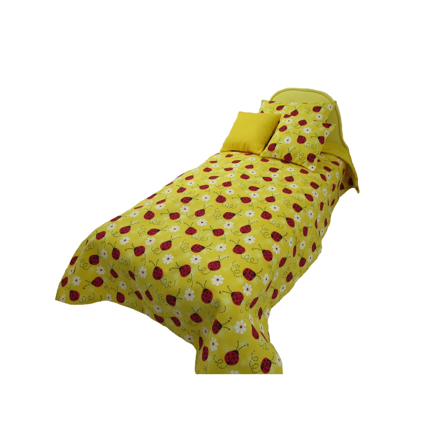 Upholstered Light Yellow Doll Bed and Ladybug Doll Bedding for 14.5-inch dolls Third view