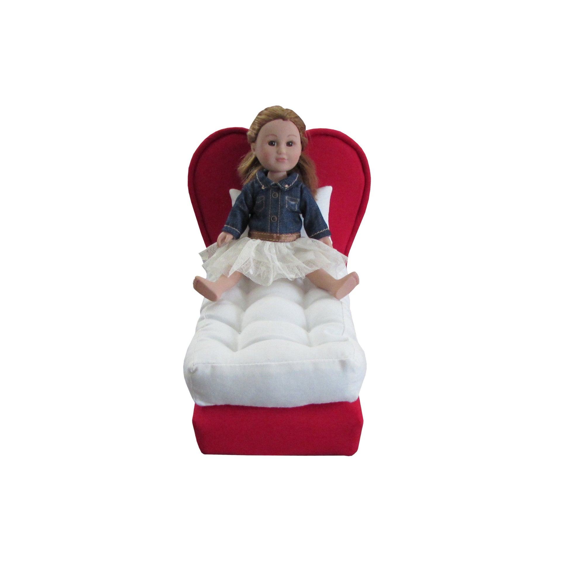 Upholstered Red Heart Doll Bed for 6.5-inch dolls with doll Third view