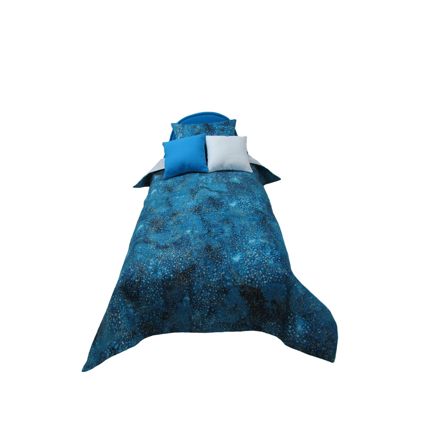 Upholstered Turquoise Doll Bed and Metallic Turquoise Doll Bedding for 14.5-inch dolls Second view