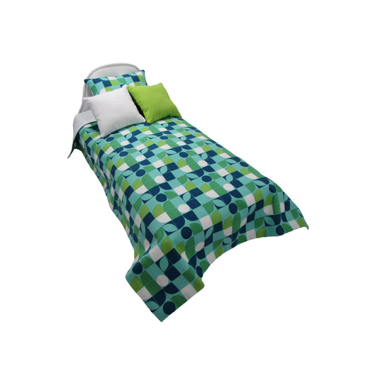 Upholstered White Doll Bed and Geometric Print Doll Bedding for 14.5-inch dolls